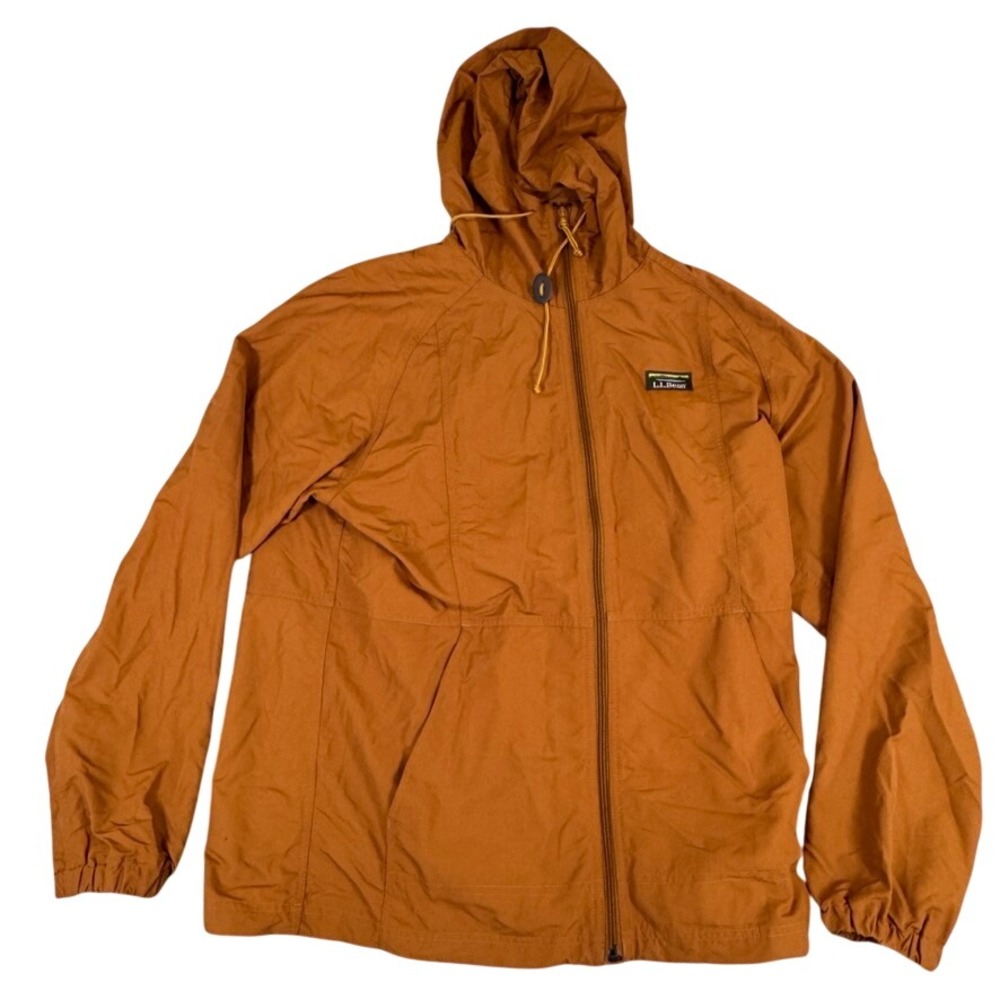 LL Bean Mens Full Zip Hooded Windbreaker Jacket Rust Orange Mountain Logo